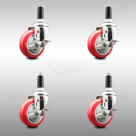 Service Caster 4 Inch 316SS Red Poly Swivel 1 Inch Expanding Stem Caster Set Brake SCC SCC-SS316EX20S414-PPUB-RED-TLB-1-4